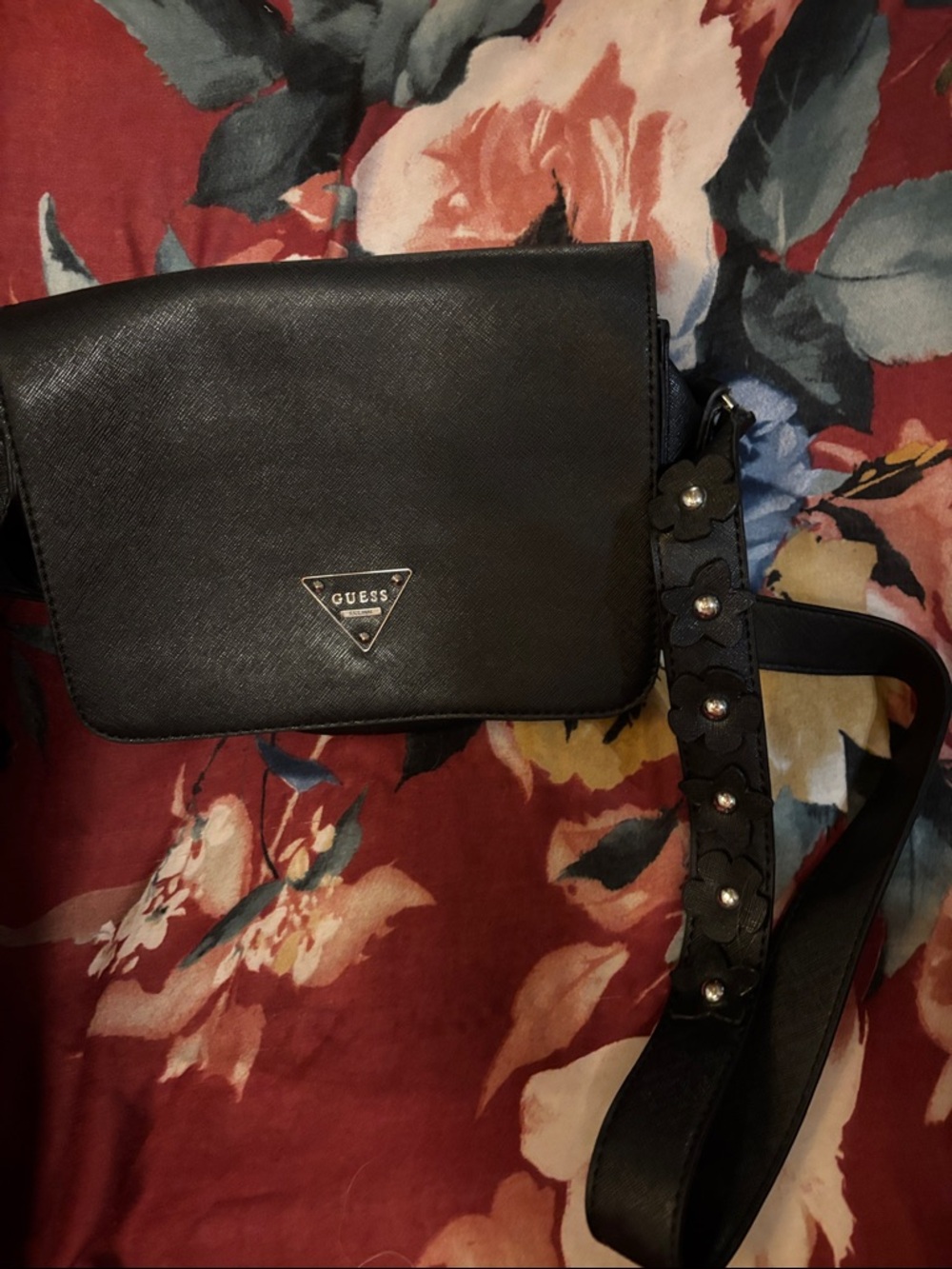 Guess Black  Crossbody with Floral Studded Strap